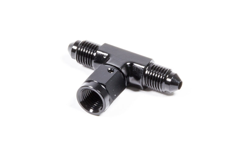 Aluminum Adapter Tee.   -3 AN Male x -3 AN Male x -3 AN Female Swivel. Black Anodized.
