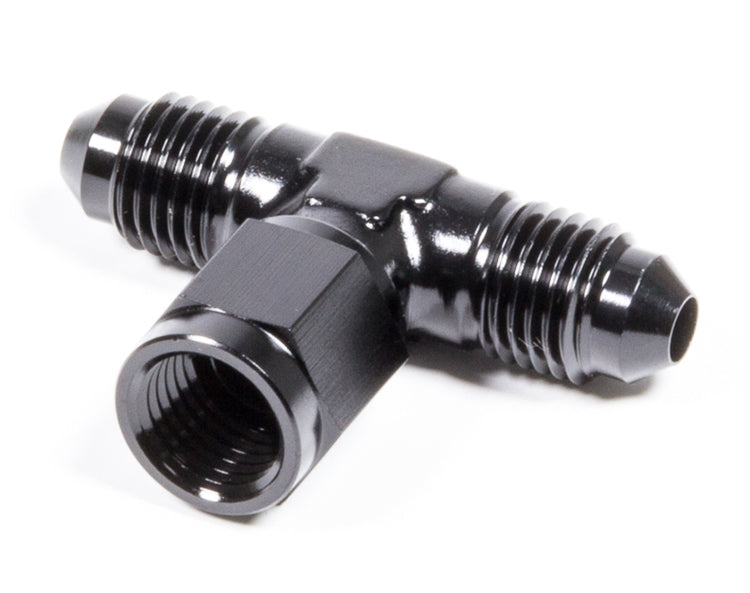 Aluminum Adapter Tee.   -4 AN Male x -4 AN Male x -4 AN Female Swivel. Black Anodized.