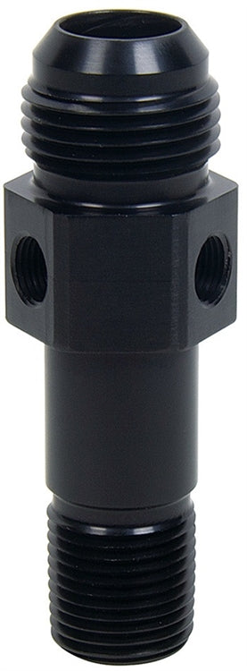 Oil Inlet Fitting. Straight. -12 AN Male to 1/2" NPT Male. 1/8" NPT Female Ports. Black.